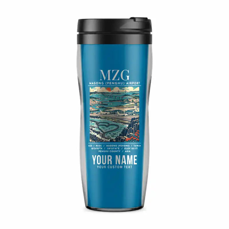 Magong Airport (MZG) Travel Mugs - Poster + Name - Plastic (No Holder) - Light Blue