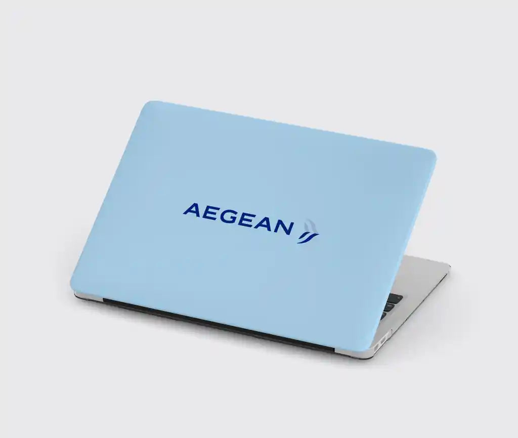 Aegean Airlines design on light blue macbook case