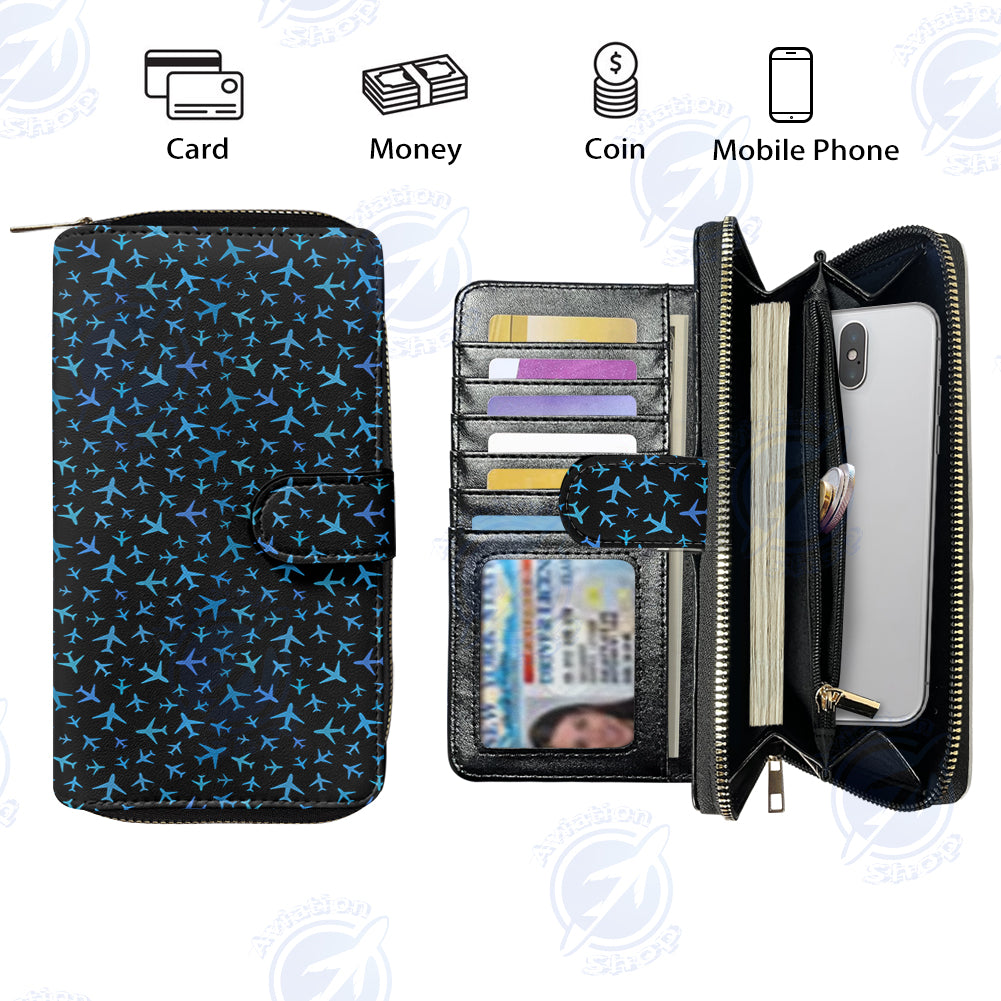 Many Airplanes Black Designed Leather Long Zipper Wallets