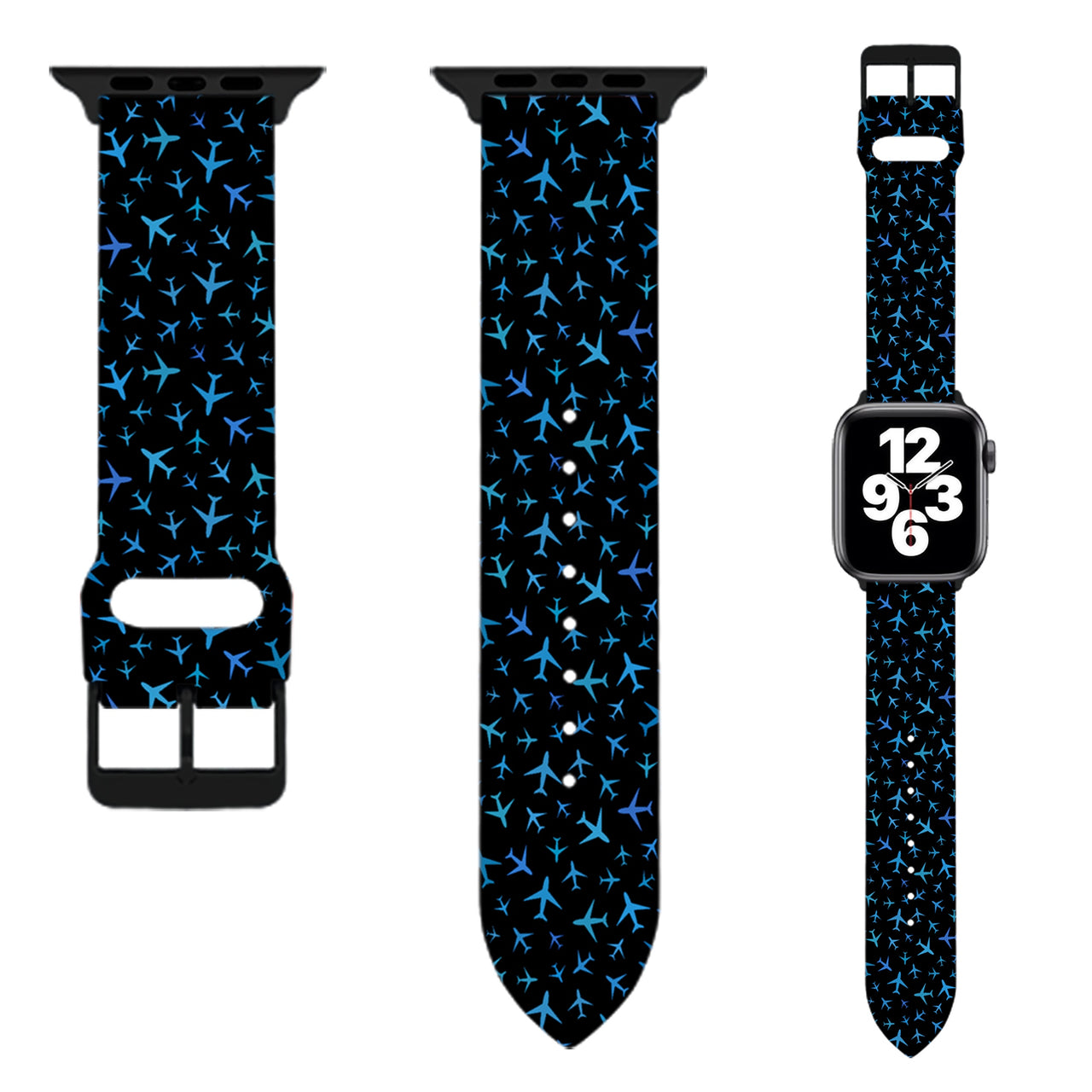 Many Airplanes Black Designed Soft Silicone Apple Watch Bands