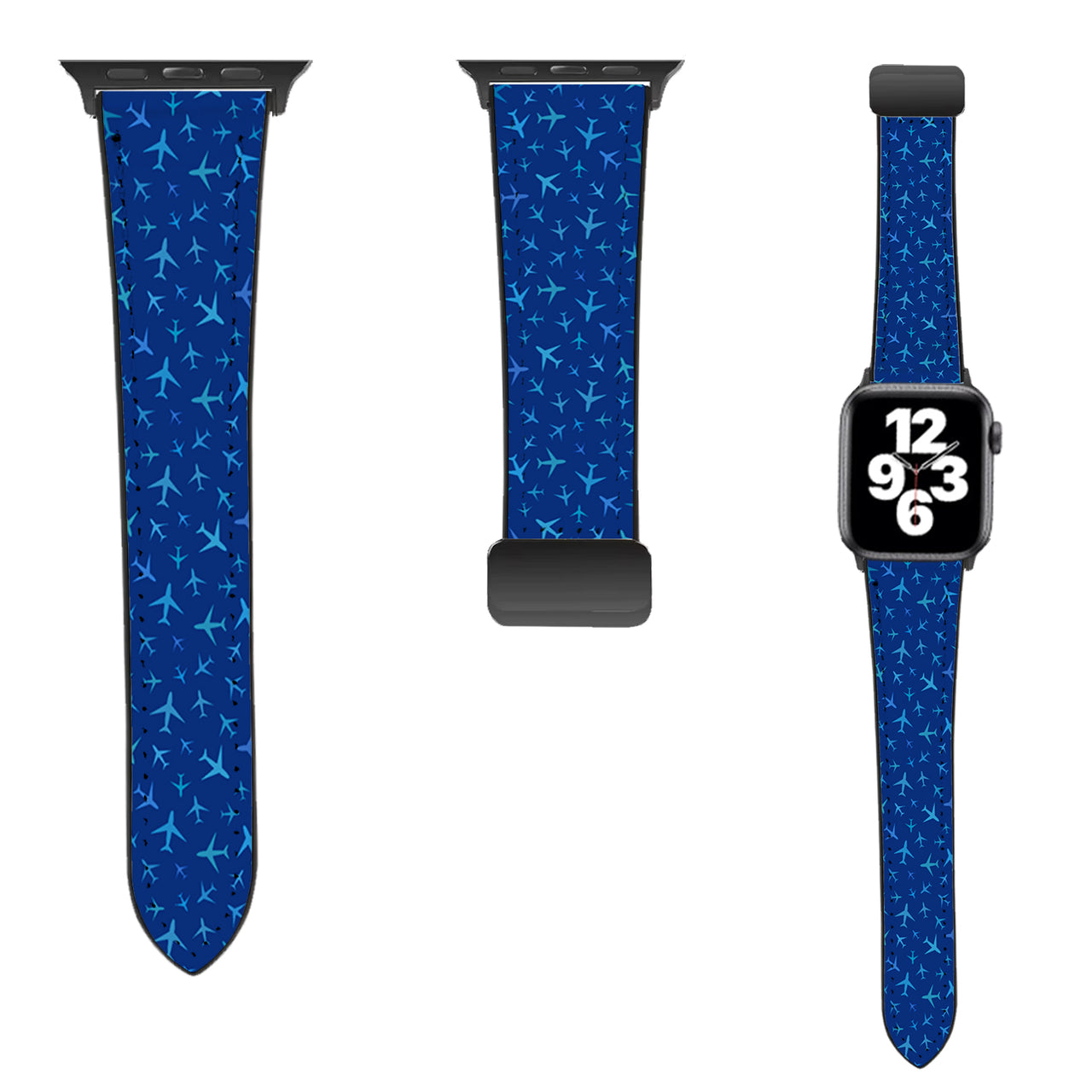 Many Airplanes Blue Designed Leather Apple Watch Straps