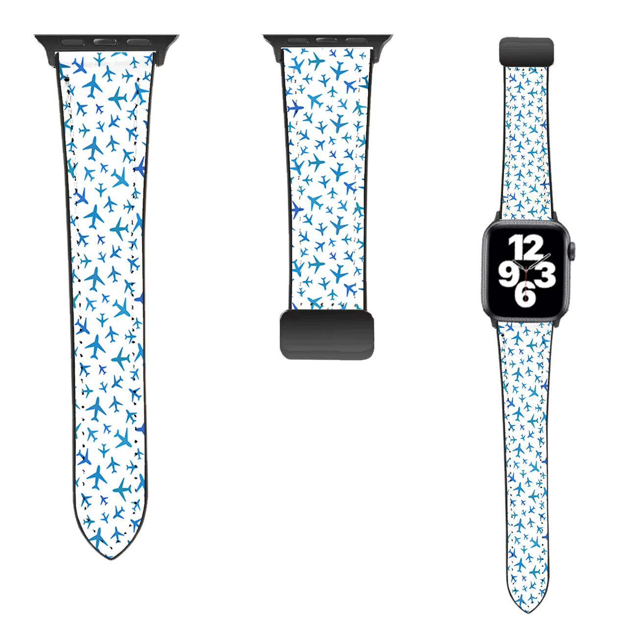 Many Airplanes White Designed Leather Apple Watch Straps