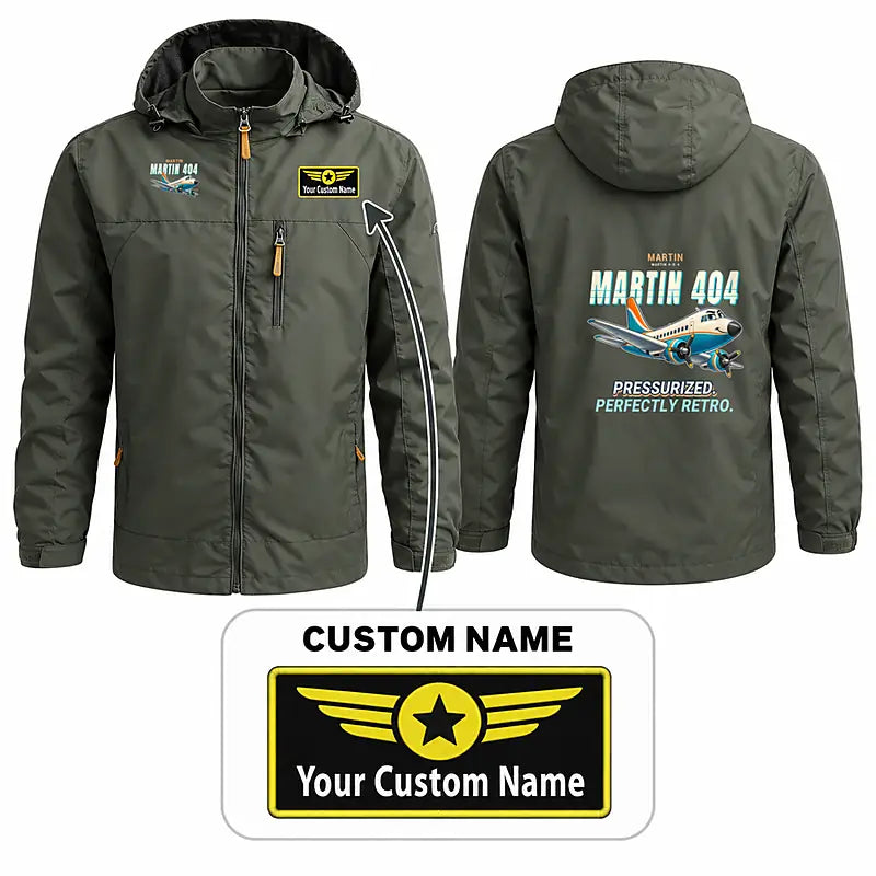 Martin 4-0-4 Stylish Jackets - Hooded Windbreaker - Cartoon + Name - Olive Green