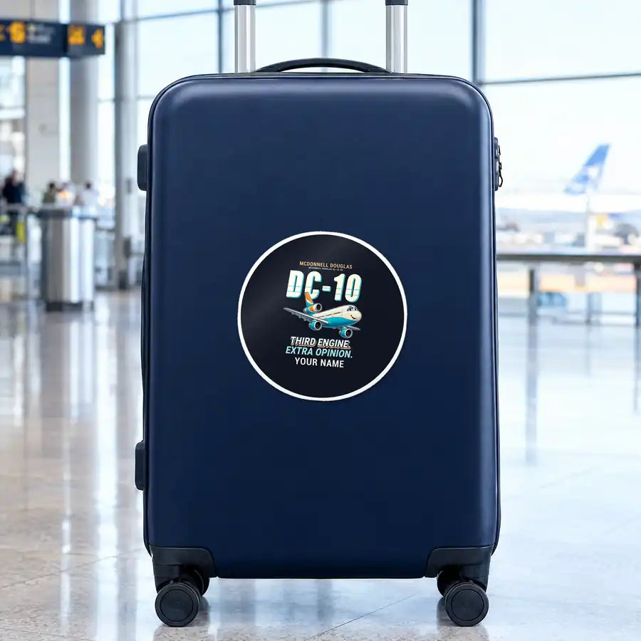 McDonnell Douglas DC-10 - Cartoon + Name - Circle Sticker - Suitcase