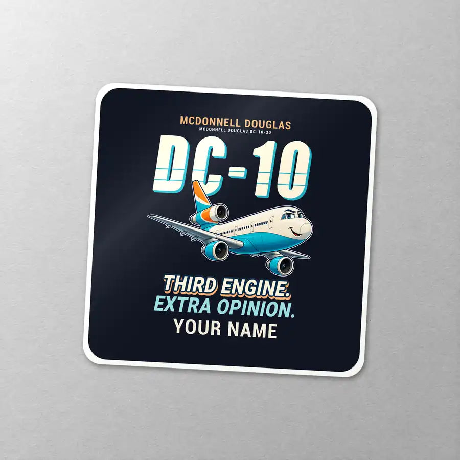 McDonnell Douglas DC-10 - Cartoon + Name - Square Sticker - Close-up