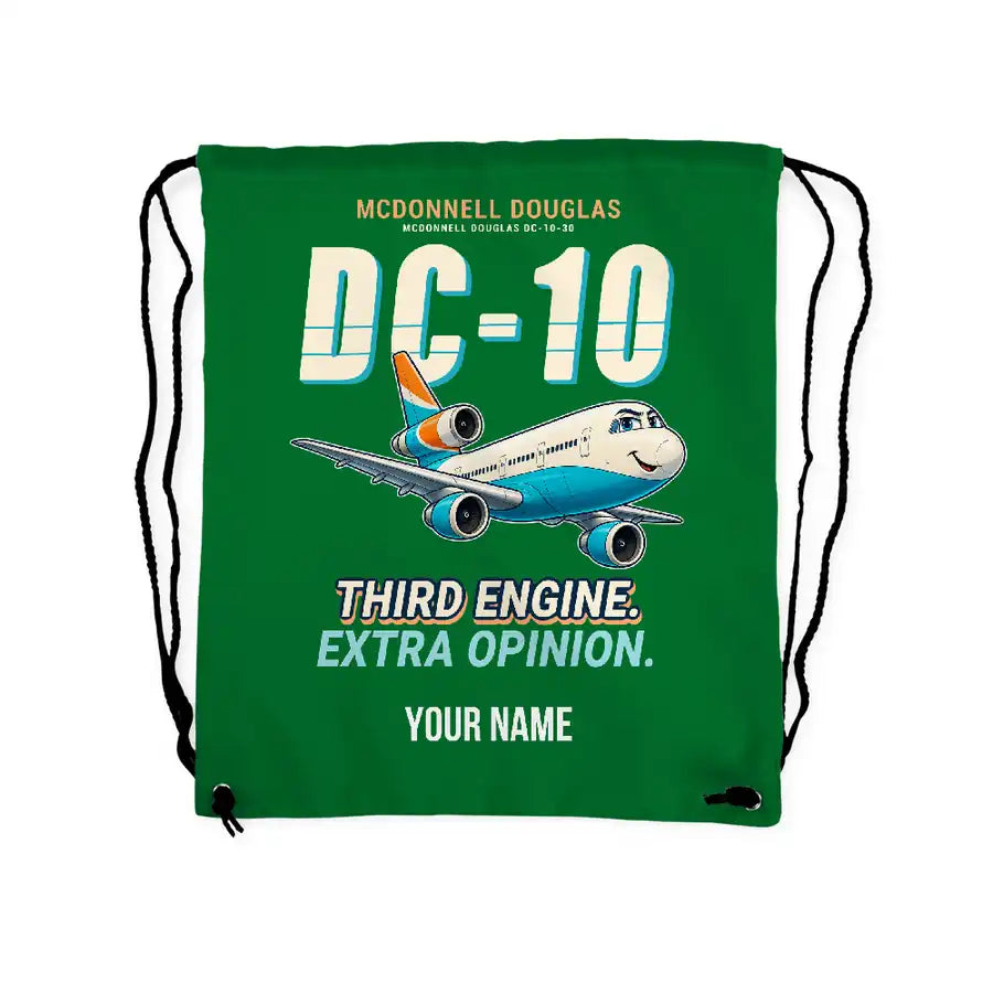 McDonnell Douglas DC-10 - Drawstring Bag - Cartoon + Name - Green