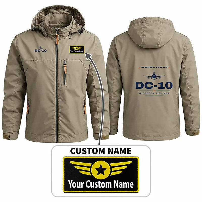 McDonnell Douglas DC-10 Stylish Jackets - Hooded Windbreaker - Heritage + Name - Khaki