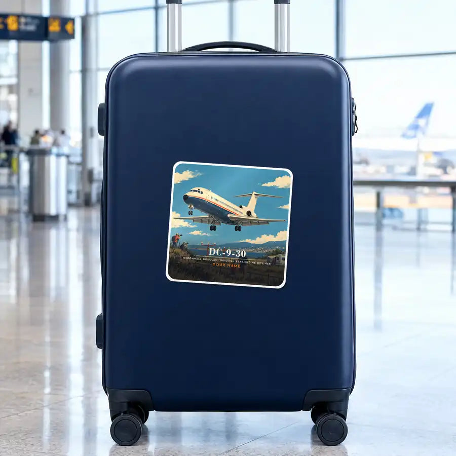 McDonnell Douglas DC-9-30 - 3D + Name - Square Sticker - Suitcase