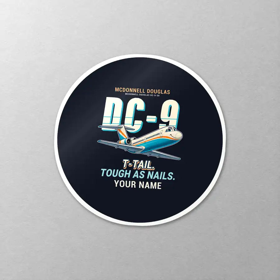 McDonnell Douglas DC-9-30 - Cartoon + Name - Circle Sticker - Close-up