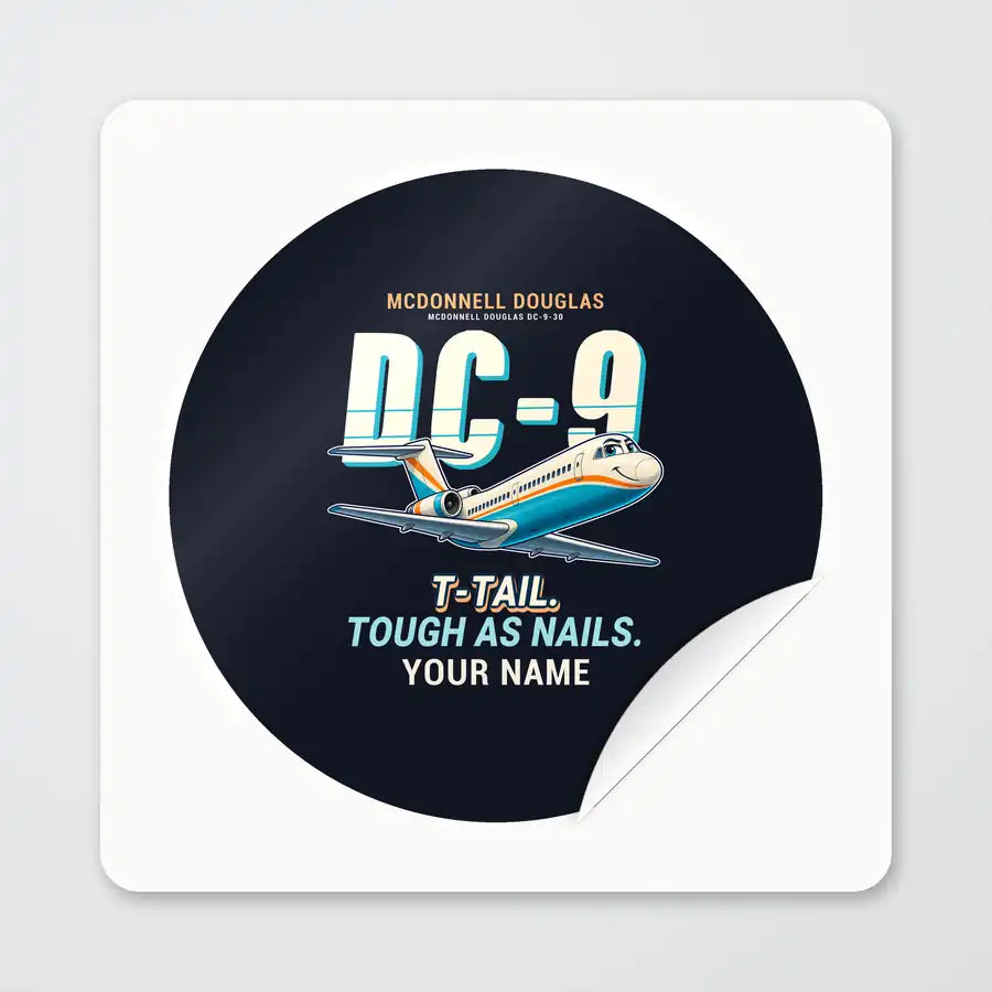McDonnell Douglas DC-9-30 - Cartoon + Name - Circle Sticker - Peel