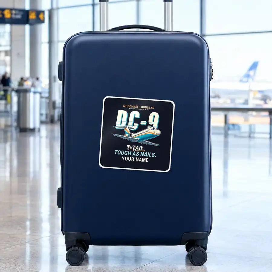 McDonnell Douglas DC-9-30 - Cartoon + Name - Square Sticker - Suitcase