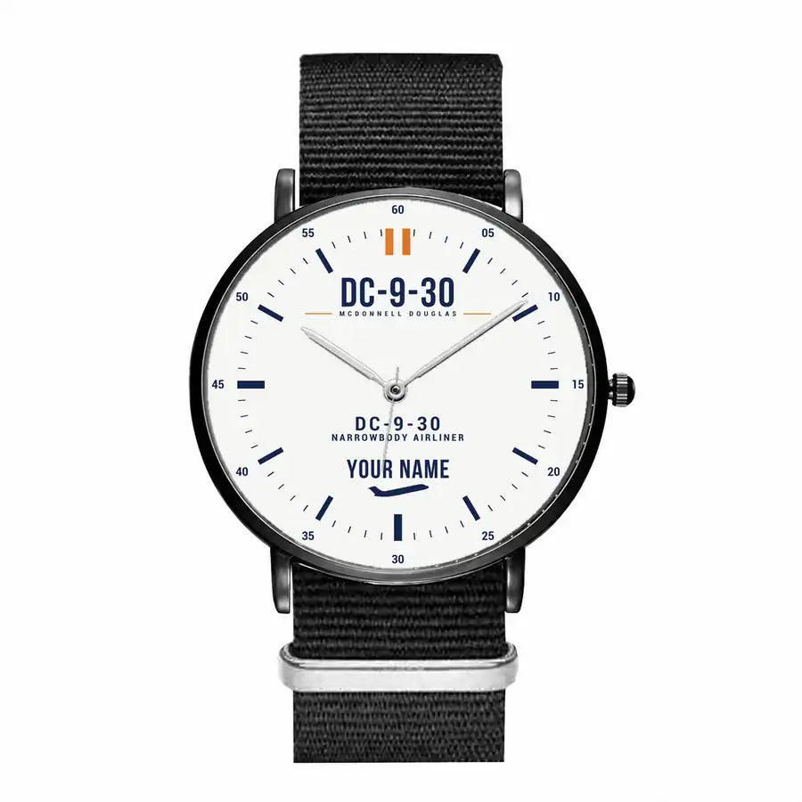 McDonnell Douglas DC-9-30 - Classic - White + Name - Slim Leather - Black and Black Nylon Strap