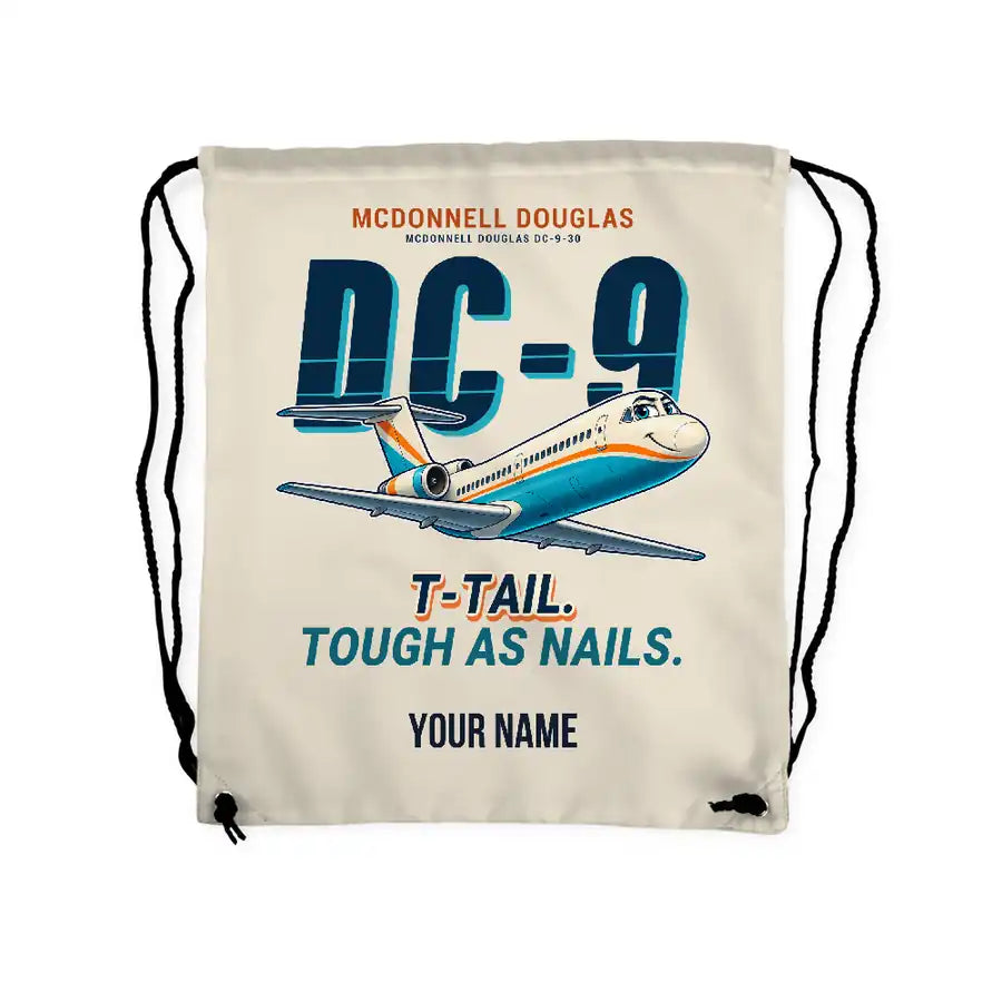 McDonnell Douglas DC-9-30 - Drawstring Bag - Cartoon + Name - Beige