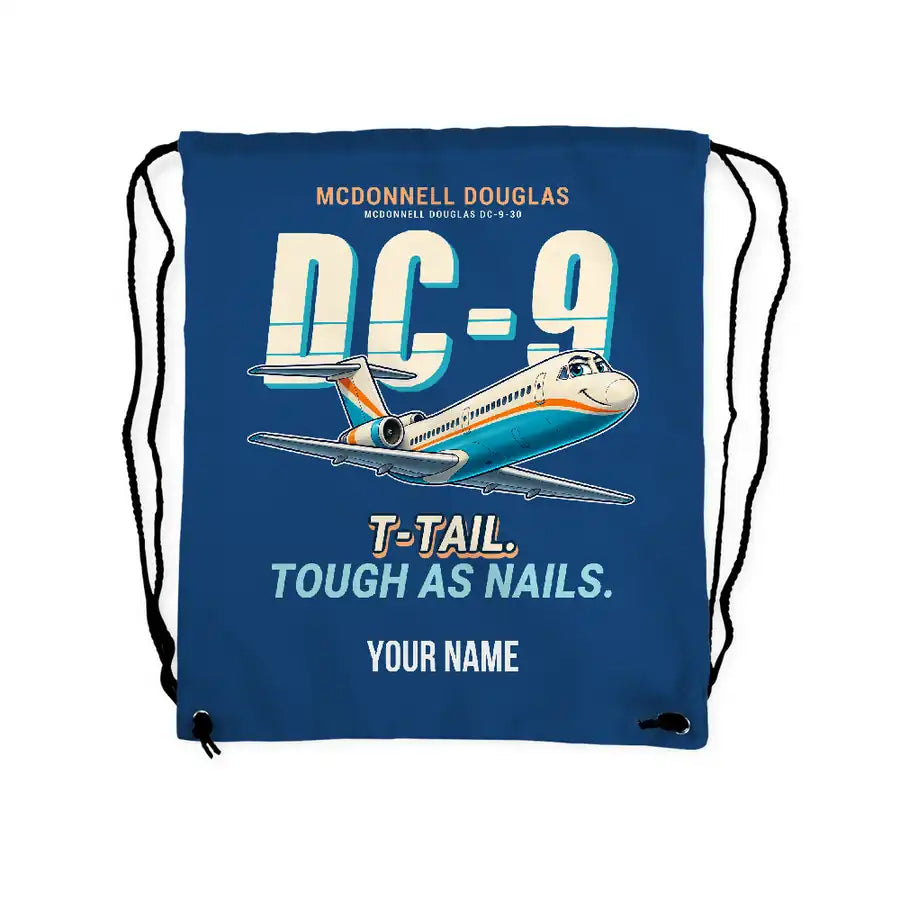 McDonnell Douglas DC-9-30 - Drawstring Bag - Cartoon + Name - Blue