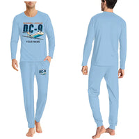 Thumbnail for McDonnell Douglas DC-9-30 - Men Pajamas - Cartoon Chest + Name - Light Blue