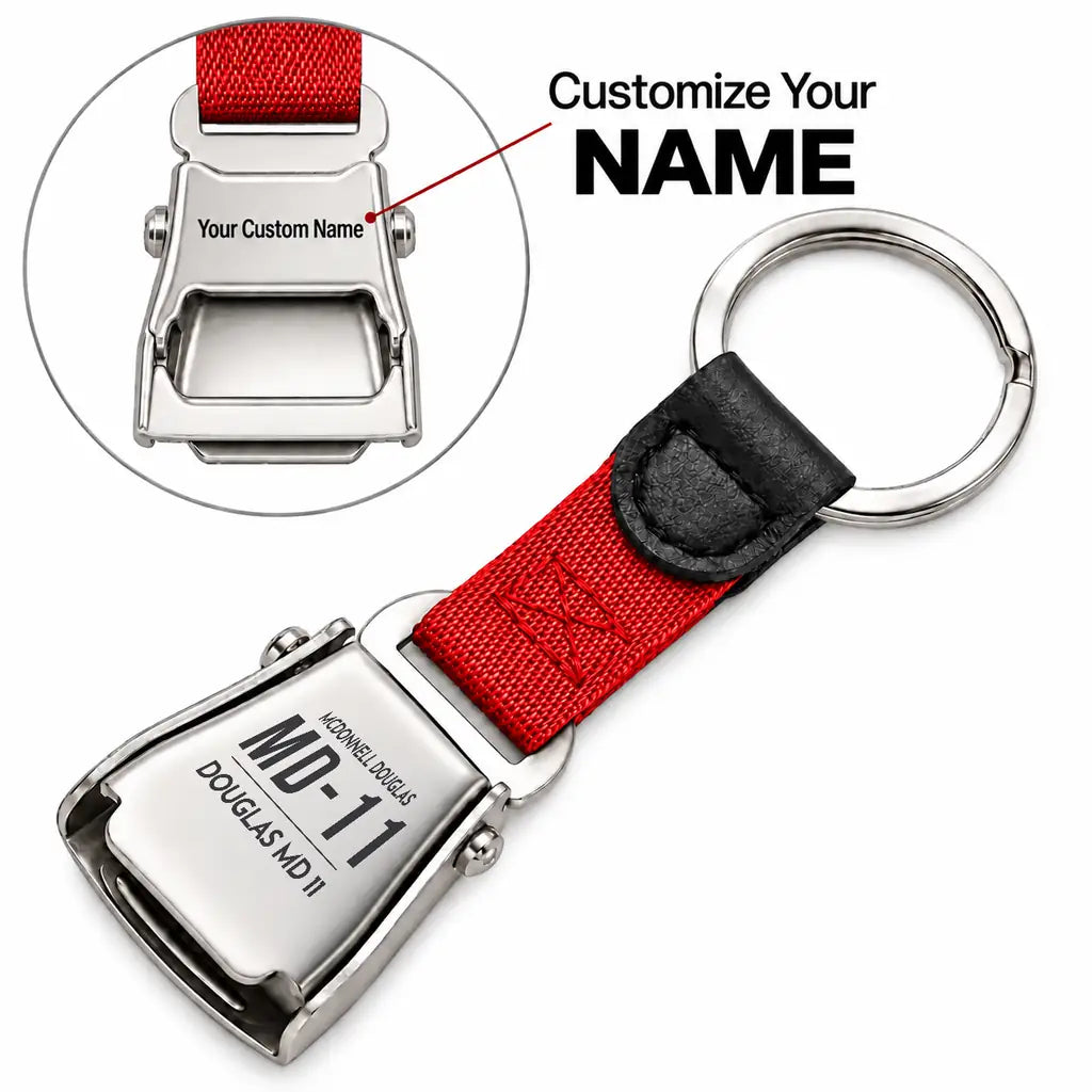 McDonnell Douglas MD-11 - Seat Belt Key Chain - Tag + Name - Red