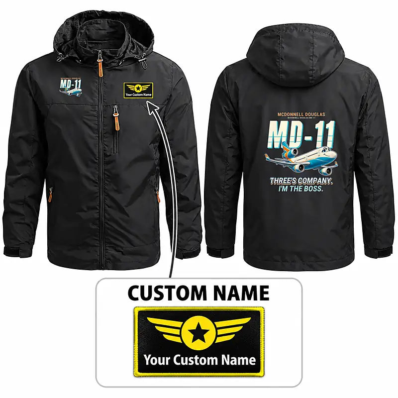 McDonnell Douglas MD-11 Stylish Jackets - Hooded Windbreaker - Cartoon + Name - Black