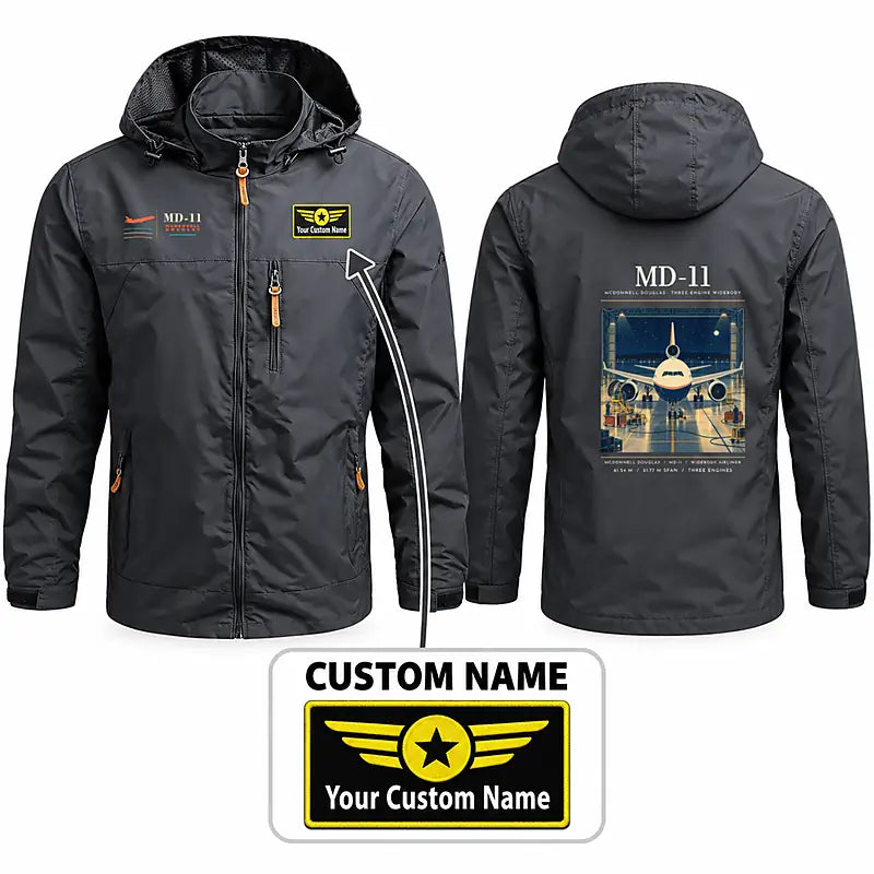 McDonnell Douglas MD-11 Stylish Jackets - Hooded Windbreaker - Poster + Name - Charcoal