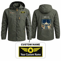 Thumbnail for McDonnell Douglas MD-11 Stylish Jackets - Hooded Windbreaker - Poster + Name - Olive Green