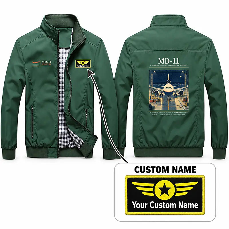McDonnell Douglas MD-11 Stylish Jackets - Stand Collar - Poster + Name - Green
