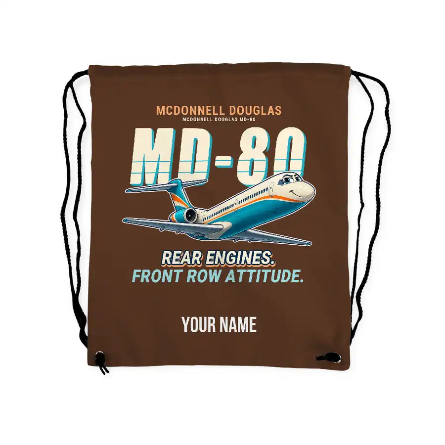 McDonnell Douglas MD-80 - Drawstring Bag - Cartoon + Name - Brown
