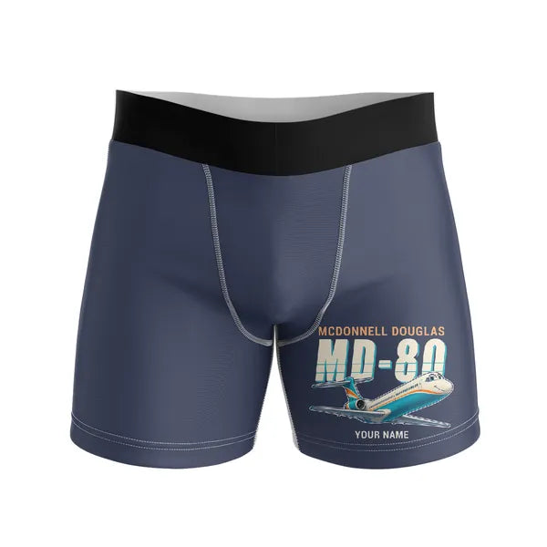 McDonnell Douglas MD-80 - Men Boxers - Cartoon + Name - Navy Blue