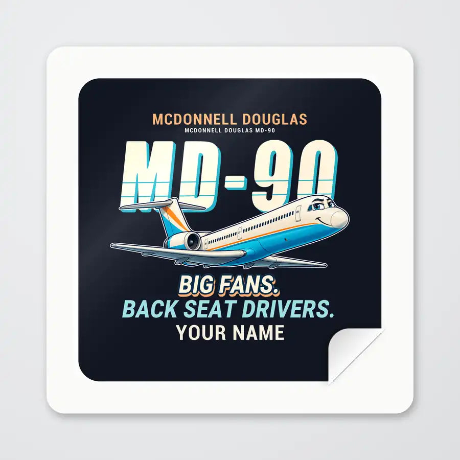 McDonnell Douglas MD-90 - Cartoon + Name - Square Sticker - Peel