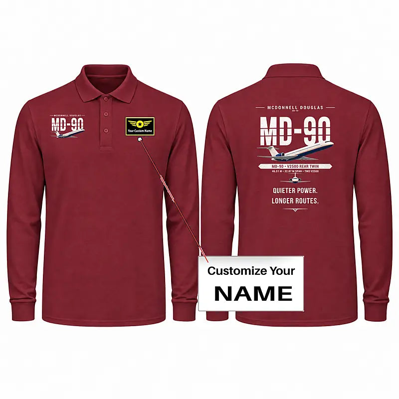 McDonnell Douglas MD-90 Premium Polo T-Shirts - Original + Name - Long Sleeve - Dark Red