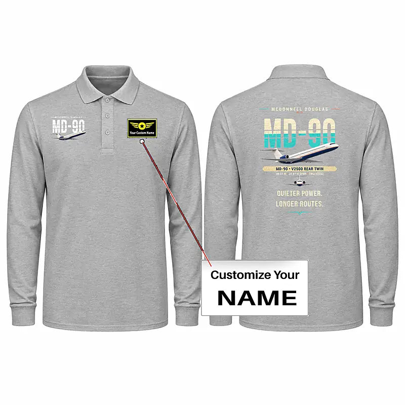 McDonnell Douglas MD-90 Premium Polo T-Shirts - Original + Name - Long Sleeve - Gray