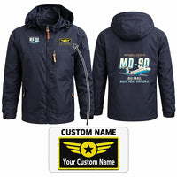 Thumbnail for McDonnell Douglas MD-90 Stylish Jackets - Hooded Windbreaker - Cartoon + Name - Navy Blue