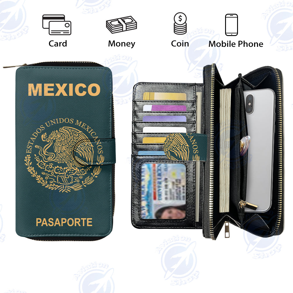 Mexico Passport Designed Leather Long Zipper Wallets