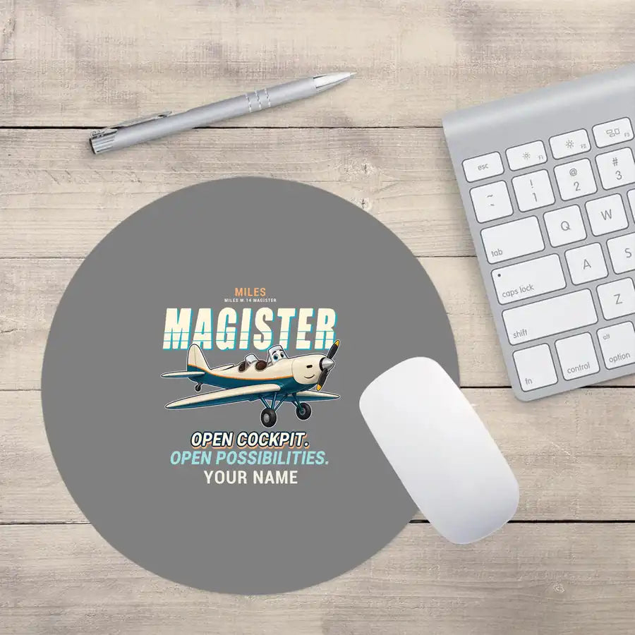 Miles M.14 Magister - Cartoon + Name - Round Mouse Pad - Gray