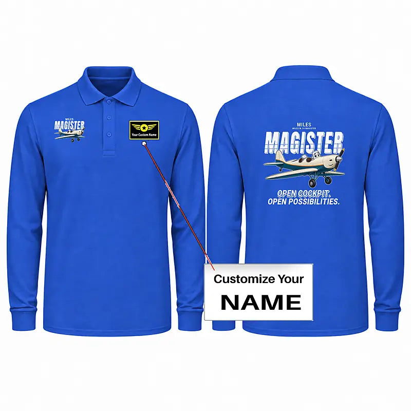 Miles M.14 Magister Premium Polo T-Shirts - Cartoon + Name - Long Sleeve - Blue