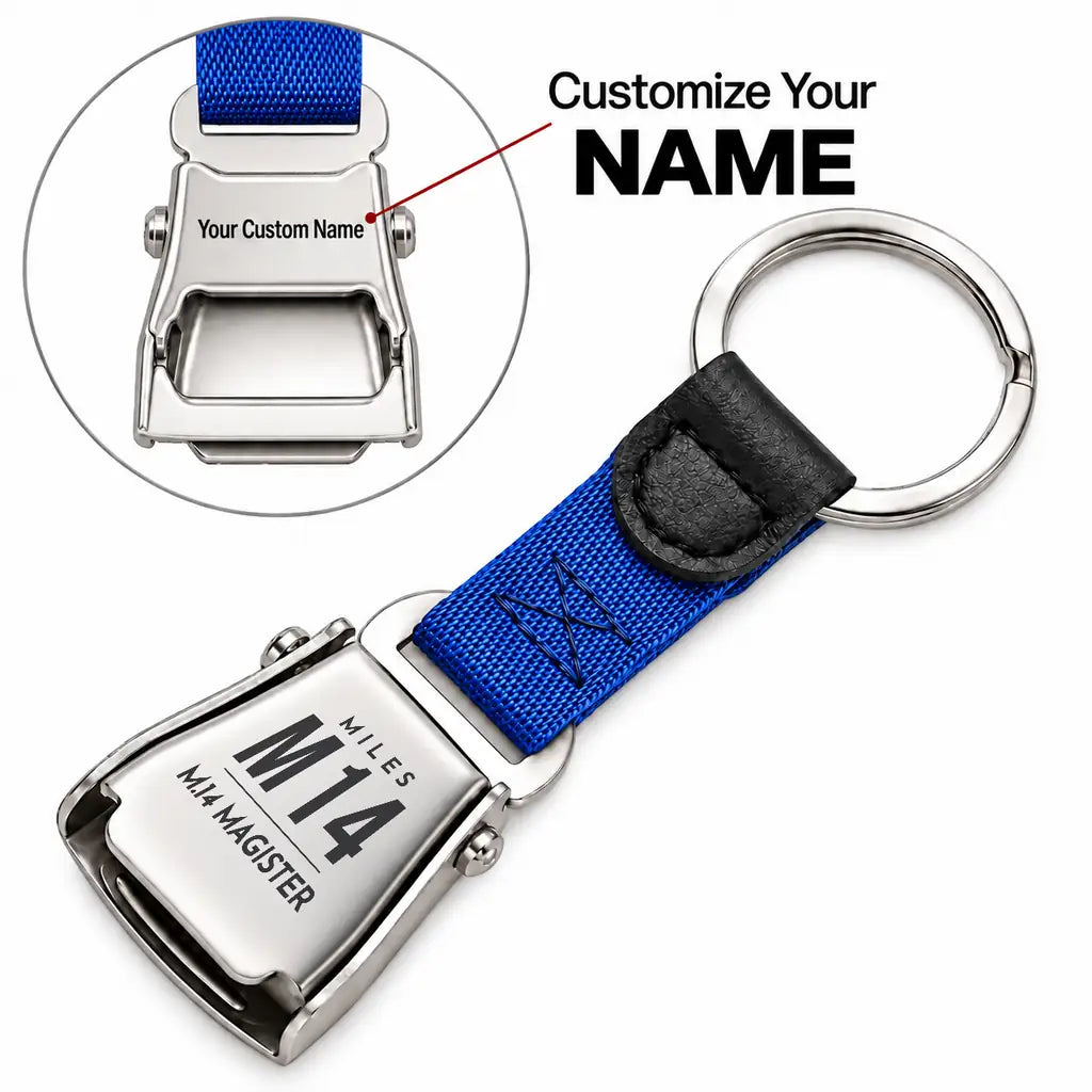 Miles M.14 Magister - Seat Belt Key Chain - Tag + Name - Blue