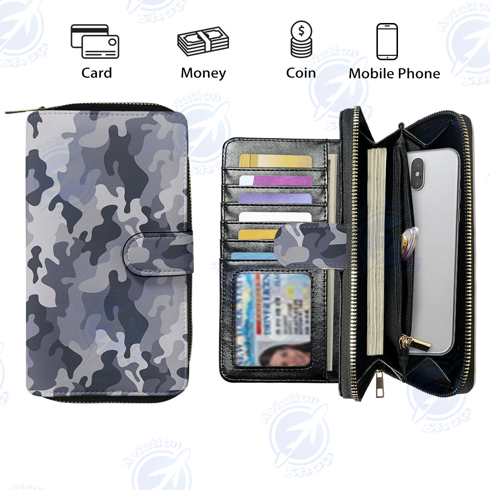 Military Camouflage Army Gray Designed Leather Long Zipper Wallets