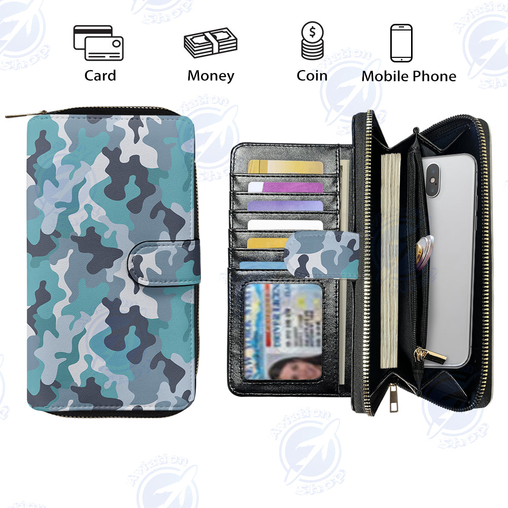 Military Camouflage Green Designed Leather Long Zipper Wallets