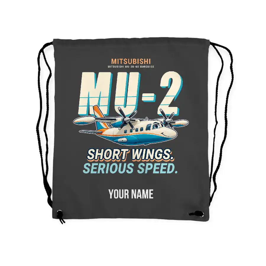 Mitsubishi MU-2B-60 Marquise - Drawstring Bag - Cartoon + Name - Gray