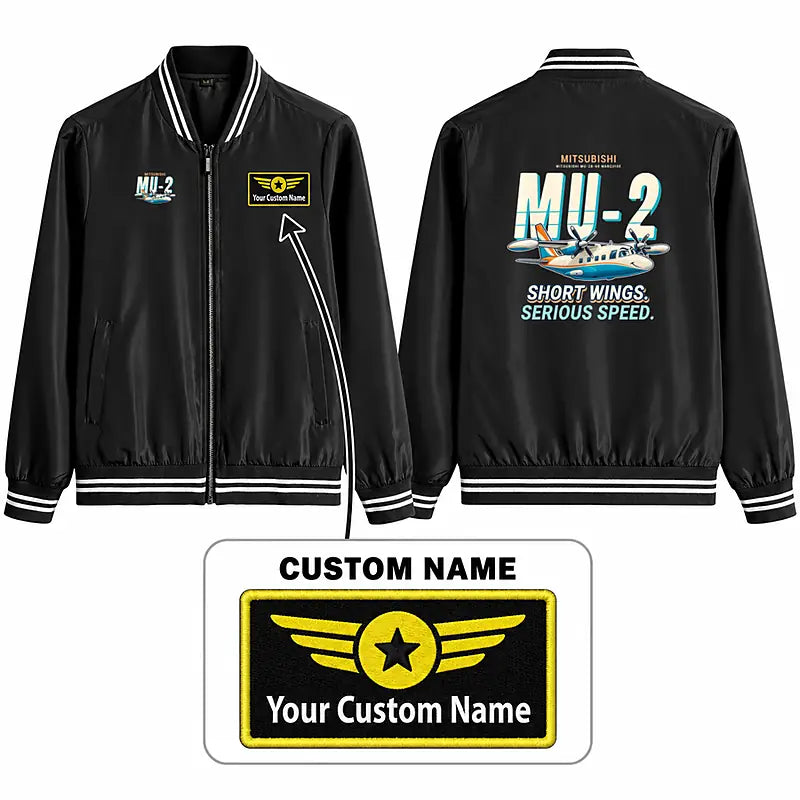 Mitsubishi MU-2B-60 Marquise Stylish Jackets - Baseball Collar - Cartoon + Name - Black