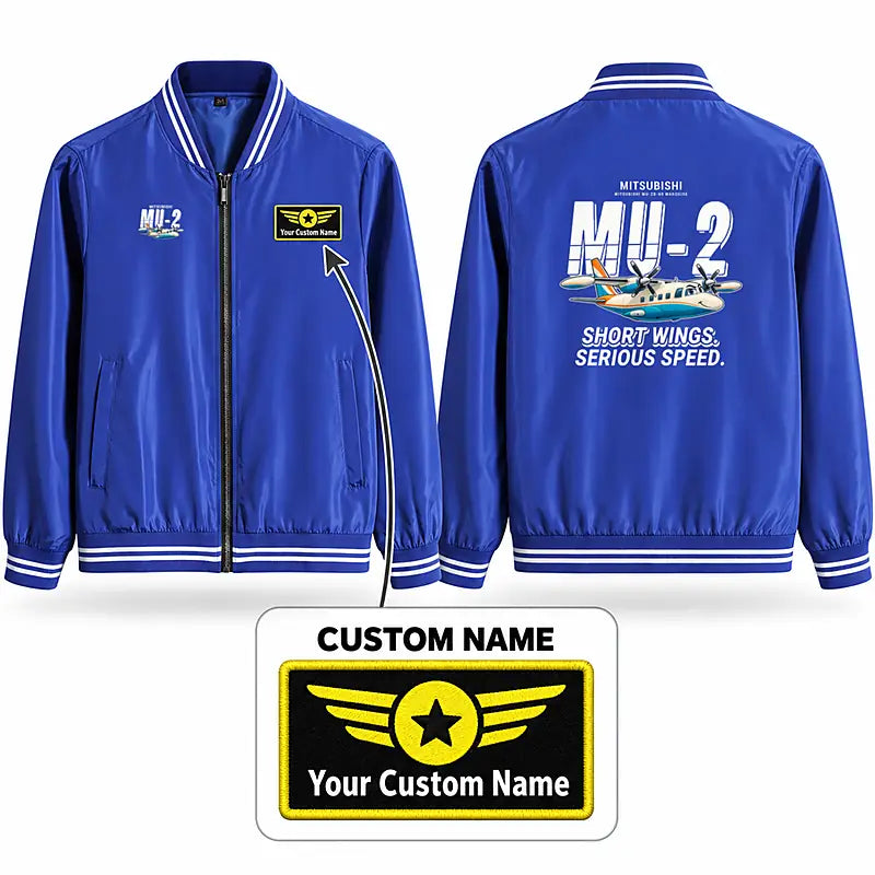 Mitsubishi MU-2B-60 Marquise Stylish Jackets - Baseball Collar - Cartoon + Name - Royal Blue