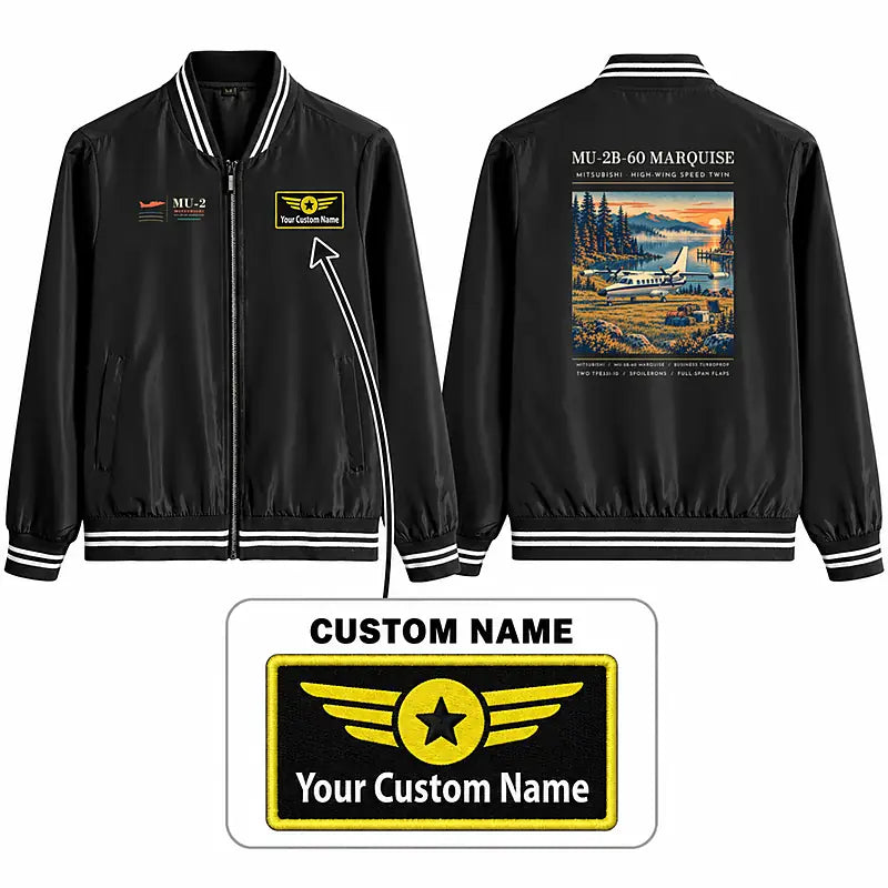 Mitsubishi MU-2B-60 Marquise Stylish Jackets - Baseball Collar - Poster + Name - Black