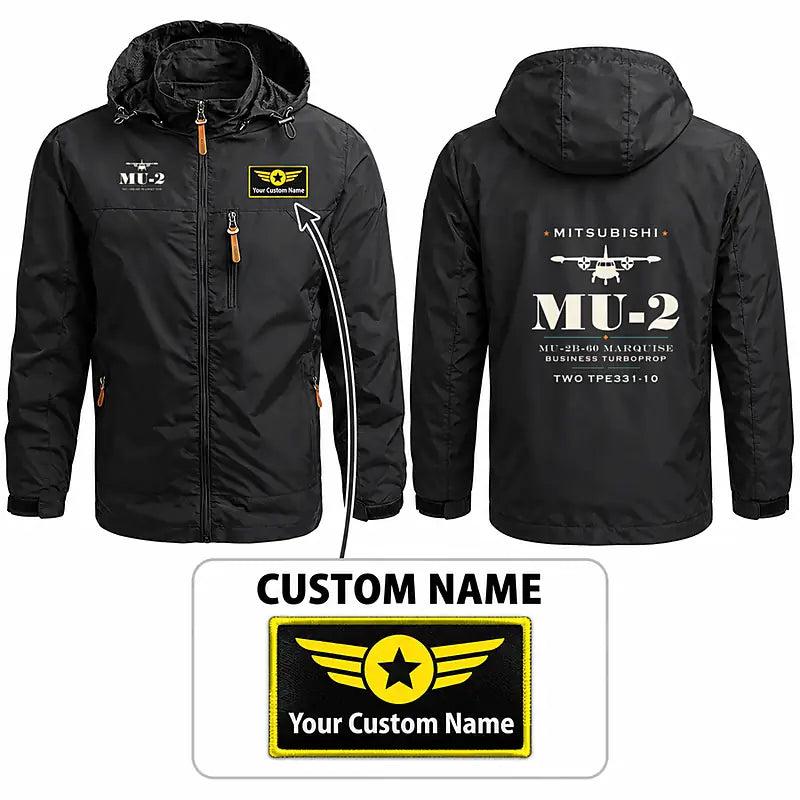 Mitsubishi MU-2B-60 Marquise Stylish Jackets - Hooded Windbreaker - Heritage + Name - Black