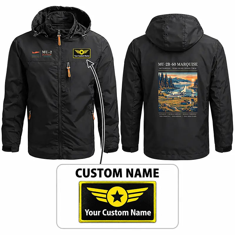Mitsubishi MU-2B-60 Marquise Stylish Jackets - Hooded Windbreaker - Poster + Name - Black