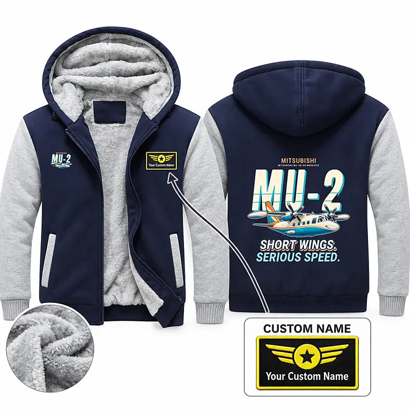 Mitsubishi MU-2B-60 Marquise Zipped Sweatshirts - Cartoon + Name - Navy & Gray