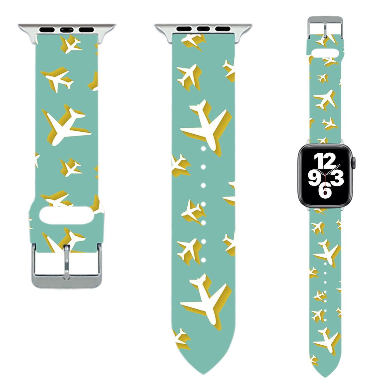Mixed Sized Airplanes (Green) Designed Soft Silicone Apple Watch Bands