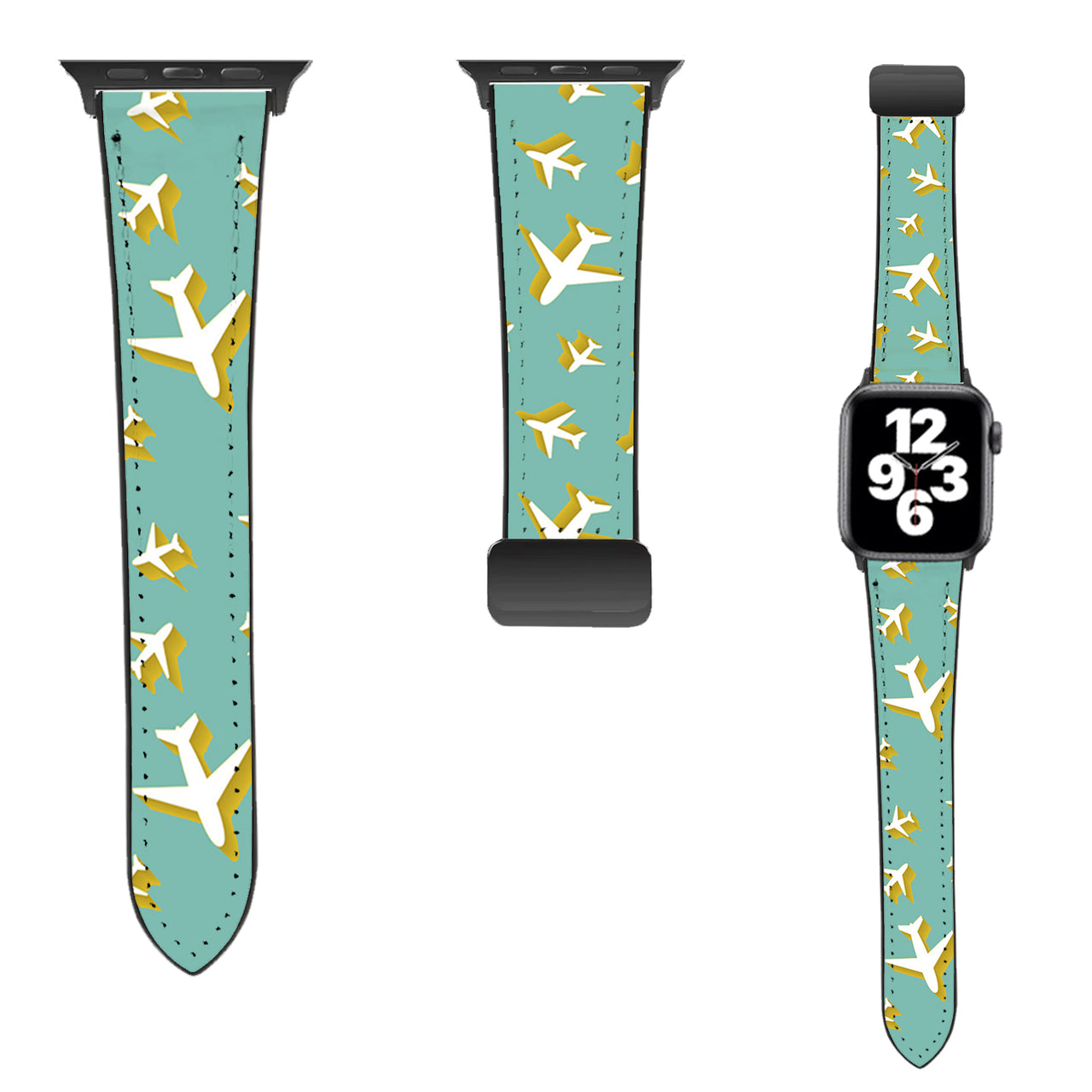Mixed Sized Airplanes (Green) Designed Leather Apple Watch Straps