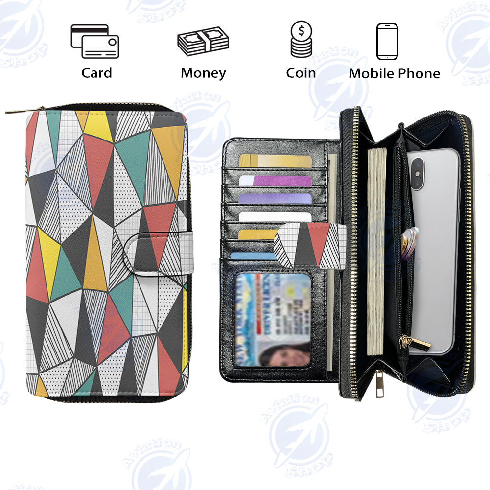 Mixed Triangles Designed Leather Long Zipper Wallets