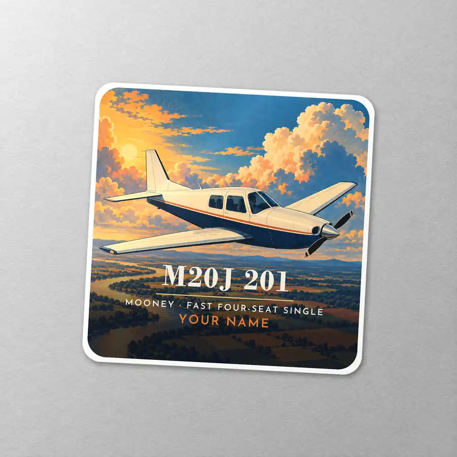 Mooney M20J 201 - 3D + Name - Square Sticker - Close-up