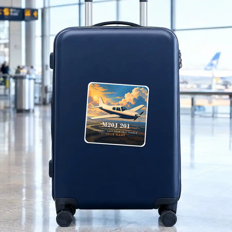 Mooney M20J 201 - 3D + Name - Square Sticker - Suitcase