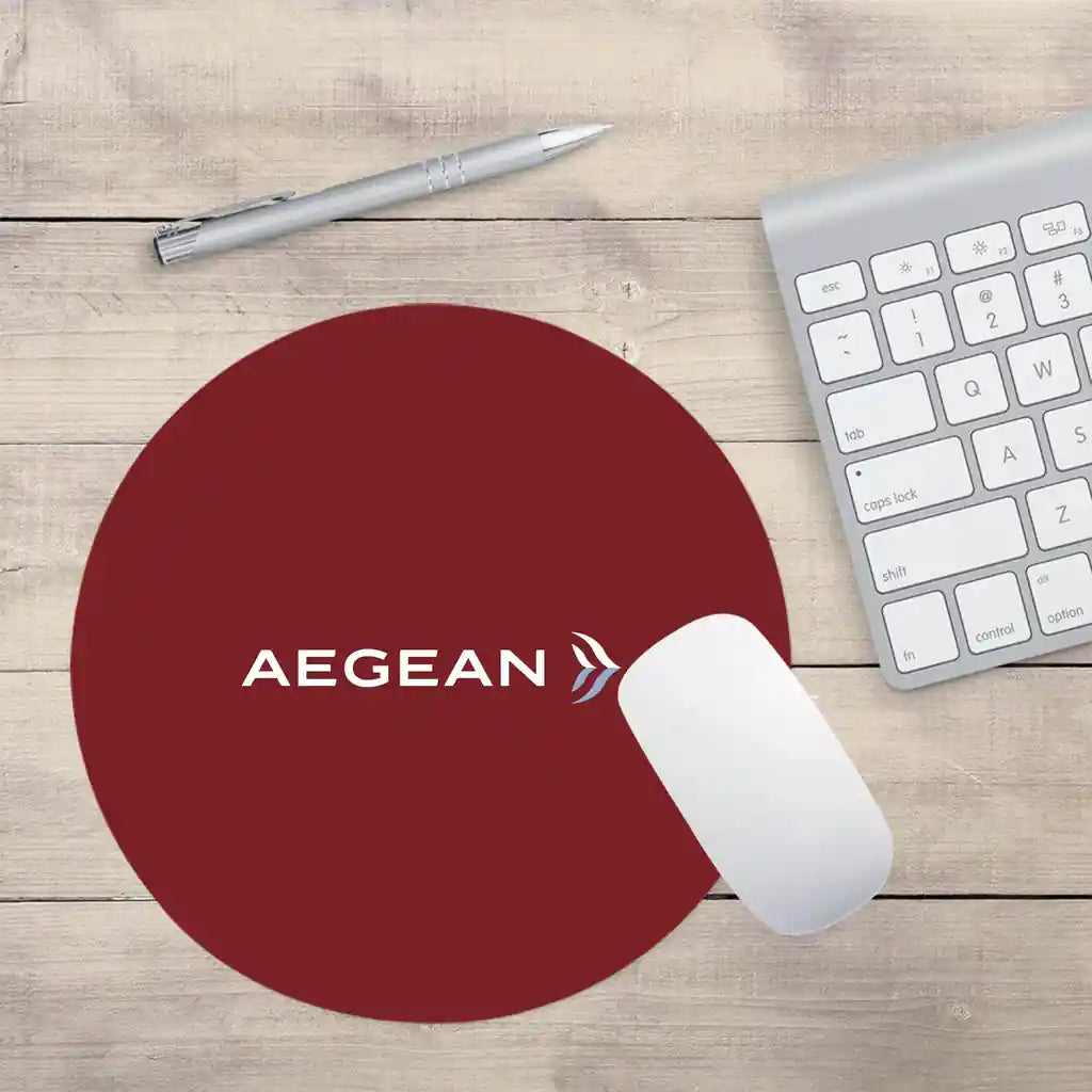 Aegean Airlines design on dark red round mouse pad
