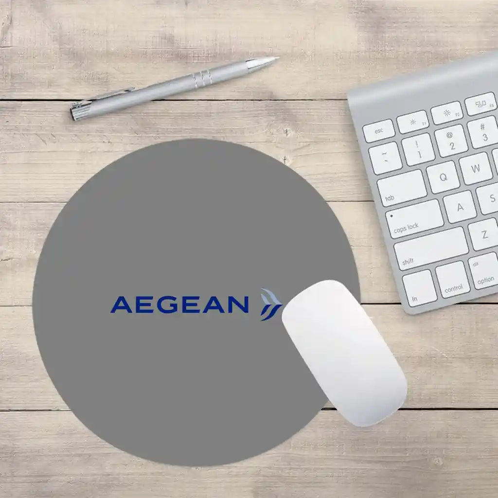 Aegean Airlines design on gray round mouse pad